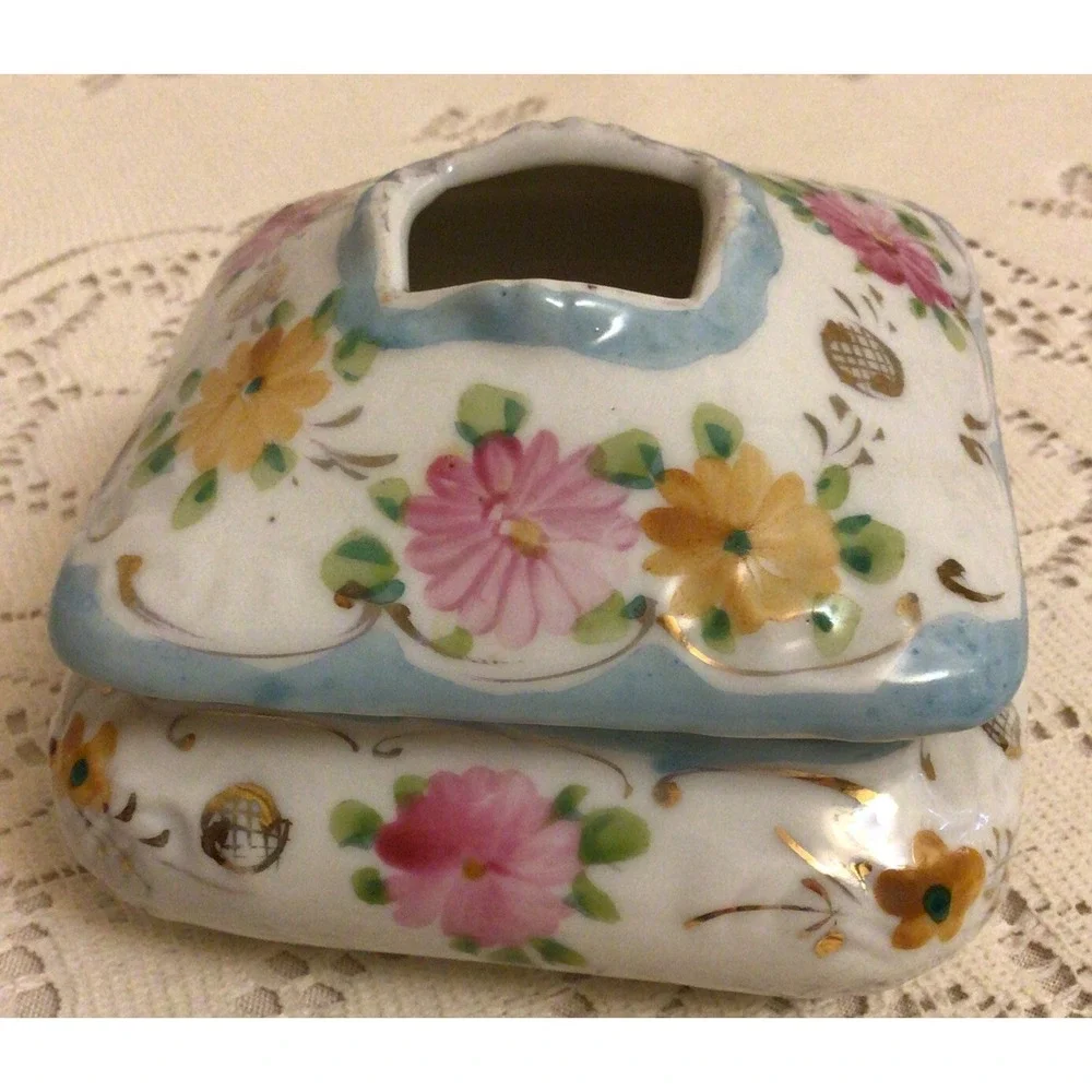 Vintage Hand-Painted Floral Porcelain Hair Receiver or TrinketBox
